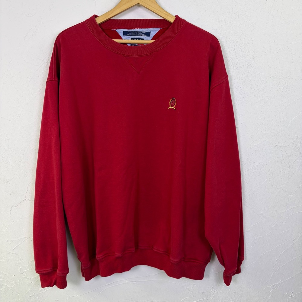 Vintage Tommy Hilfiger Sweatshirt Mens XL Red Crest 90s Crewneck Preppy Street